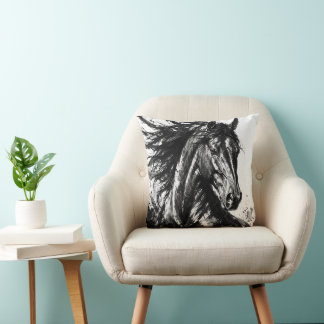 Coussin Esprit Sauvage à l'Encre | Art de Cheval Noir et B