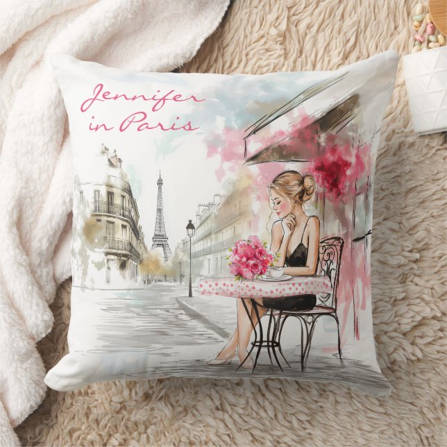 Coussin Esquisse d'aquarelle de Paris avec Café pour femme (Couverture)