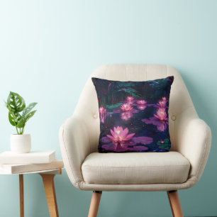 Coussin Étang de lotus rose de la nature zen de minuit