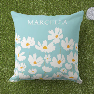 Coussin Été Blanc Fleurs Cosmos Nom personnalisé