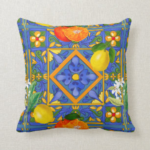 Coussin Été, Carreaux siciliens, agrumes, oranges, majolic