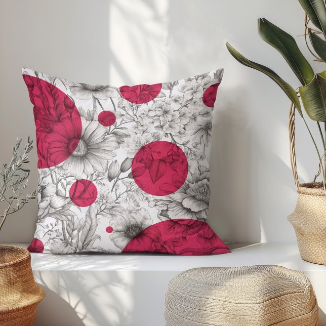 Coussin Été Floral décoratif Peonies roses rétro (Modern floral throw pillow with black and white sketch flowers and magenta pink retro circles.)