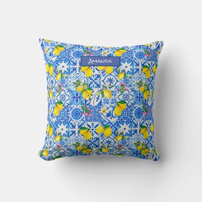 Coussin Eté majolica bleu Sicilienne agrumes méditerranéen (Recto)