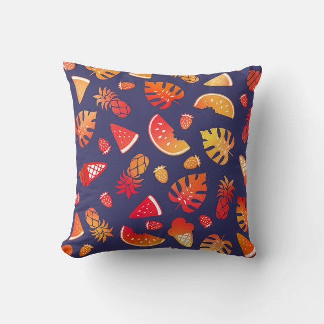 Coussin Eté Tropical Orange Fruit sur bleu marine (Recto)