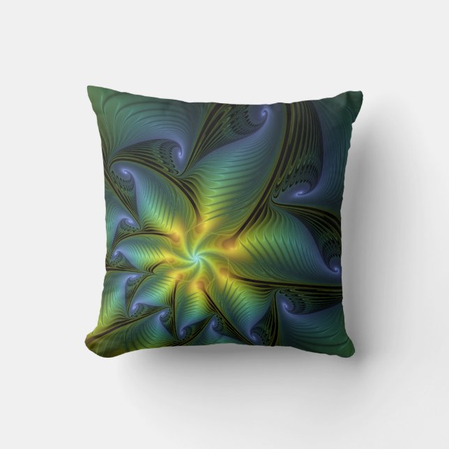 Coussin Etoile Abstraite, Bleu brillant Vert Or Fractal Ar (Recto)