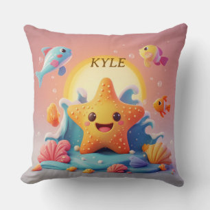Coussin Étoile de mer souriante mignonne sur la plage dess