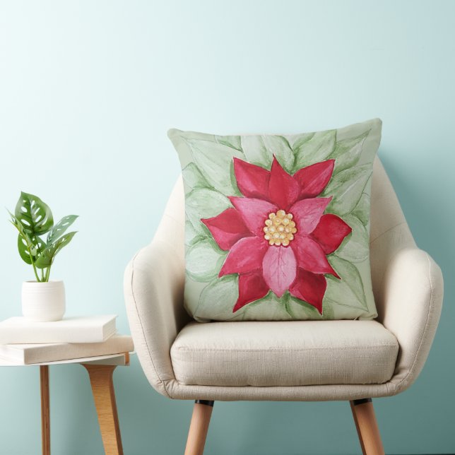 Coussin Étoile de Noël Poinsettia Aquarelle peinte à la ma (Chaise)
