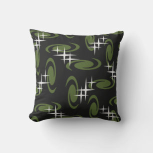 Coussin Étoiles de l'âge atomique Motif noir vert olive