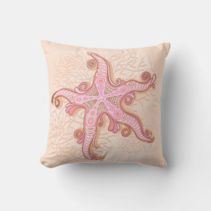 Coussin Étoiles de mer et motif pastel rose corail