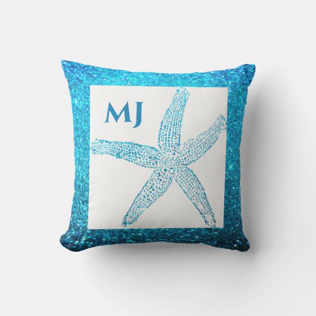 Coussin Étoiles de mer Pailletées Bleu Turquoise Monogramm (Recto)