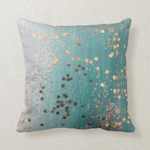 Coussin Étoiles d'or chatoyantes sur Turquoise