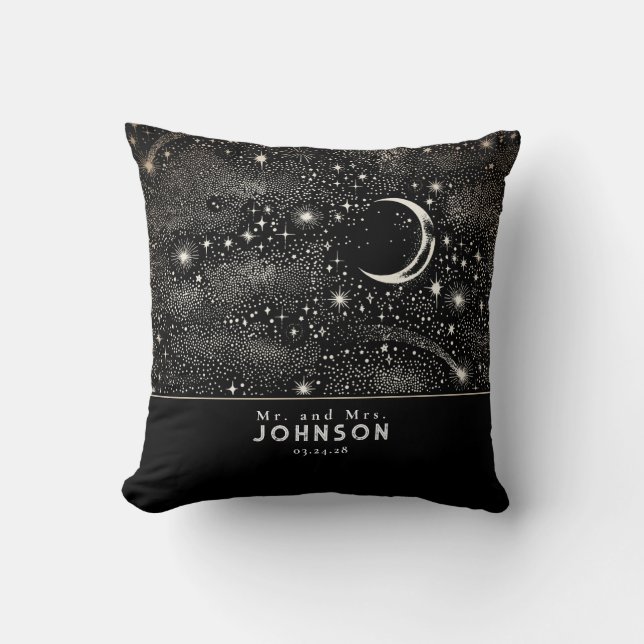 Coussin Étoiles et Lune étoile Nuit étoilée Noir céleste (Recto)