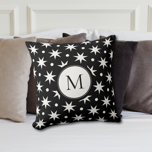 Coussin Étoiles Et Points Blancs Sur Monogramme Noir (Créateur téléchargé)