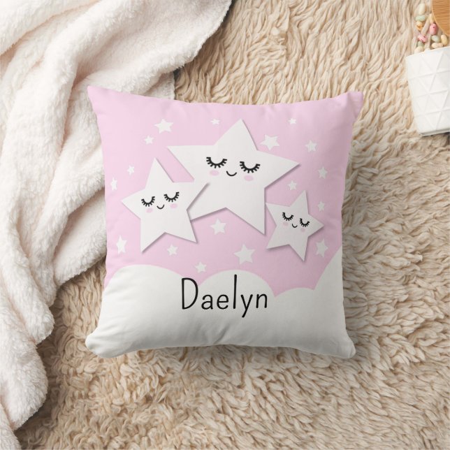 Coussin Étoiles mignonnes et nuages dans les enfants roses (Couverture)