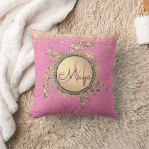 Coussin Étoiles Monogrammes de tortue sur rose Personnalis
