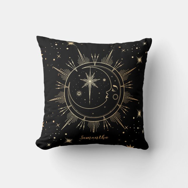 Coussin Étoiles solaires célestes de Black and Gold Moon (Recto)