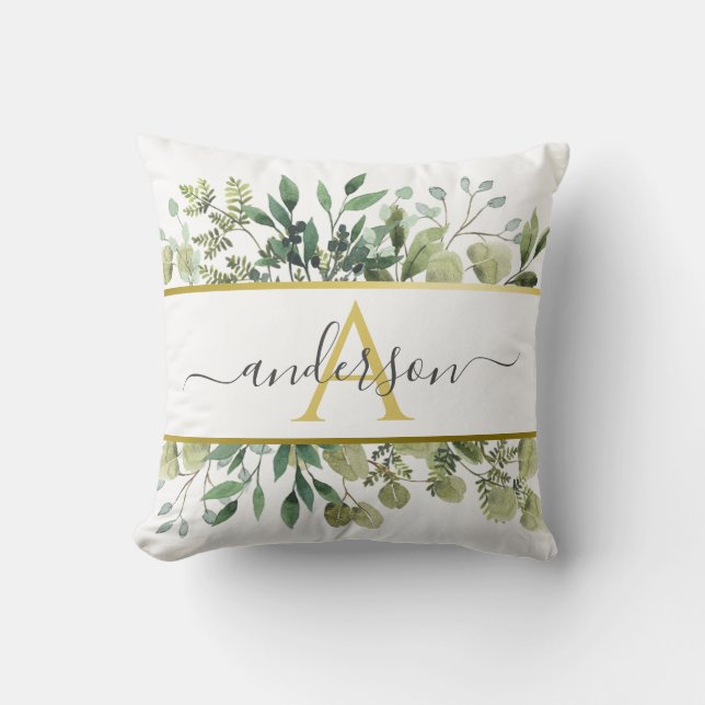 Coussin Eucalyptus aquarelle et verdure | Monogramme (Recto)