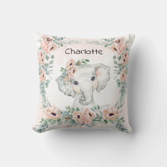 Coussin Eucalyptus Floral Elephant Baby Girl Nursery (Recto)