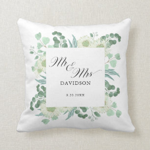 Coussin Eucalyptus Greenery Mr et Mrs Script Newlyweds