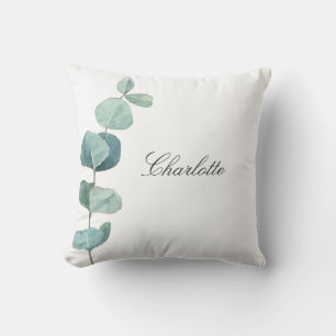 Coussin Eucalyptus nom vert script blanc