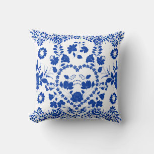 Coussin européen d'art populaire bleu blanc