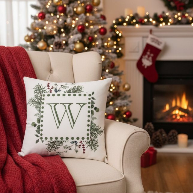 Coussin Evergreen Monogram (Monogram initial Christmas holiday pillow)