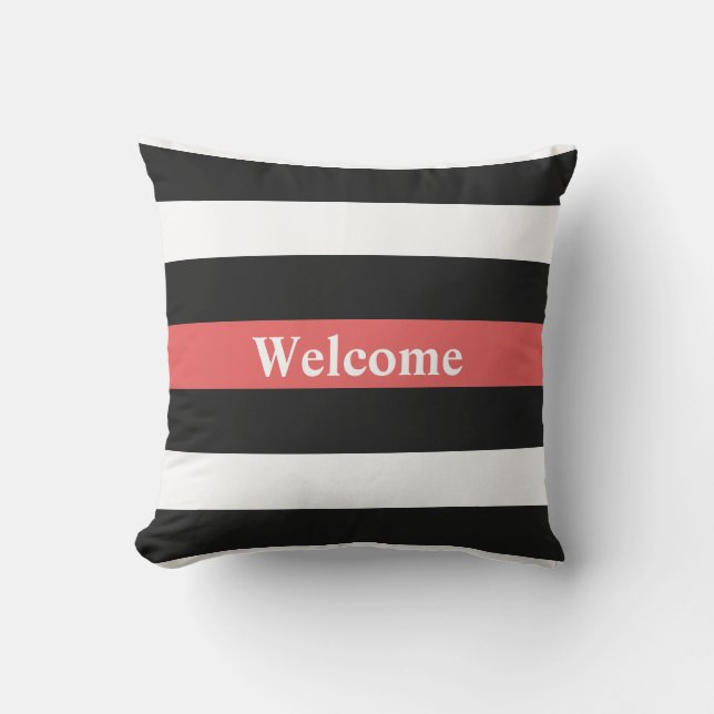 Coussin extérieur bienvenu rayé blanc et rouge (Recto)