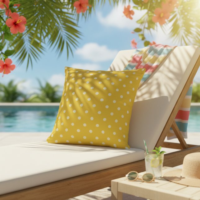 Coussin extérieur jaune | Imprimer point Polka mig (Fun yellow outdoor pillow!)