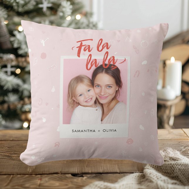 Coussin Fa La La La Blush rose moderne Photo de Noël (Créateur téléchargé)