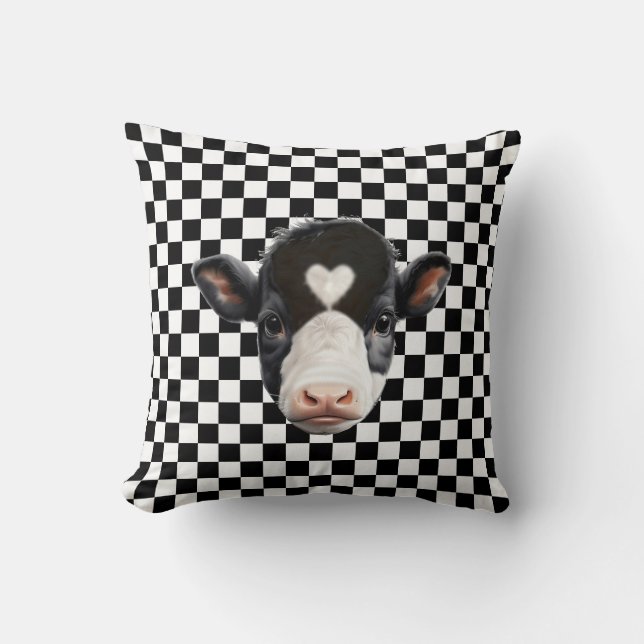Coussin Face de vache personnalisée sur Motif d'échecs noi (Recto)