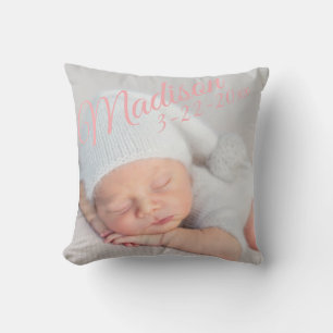 Coussin Faire-part de naissance rose statistiques de naiss