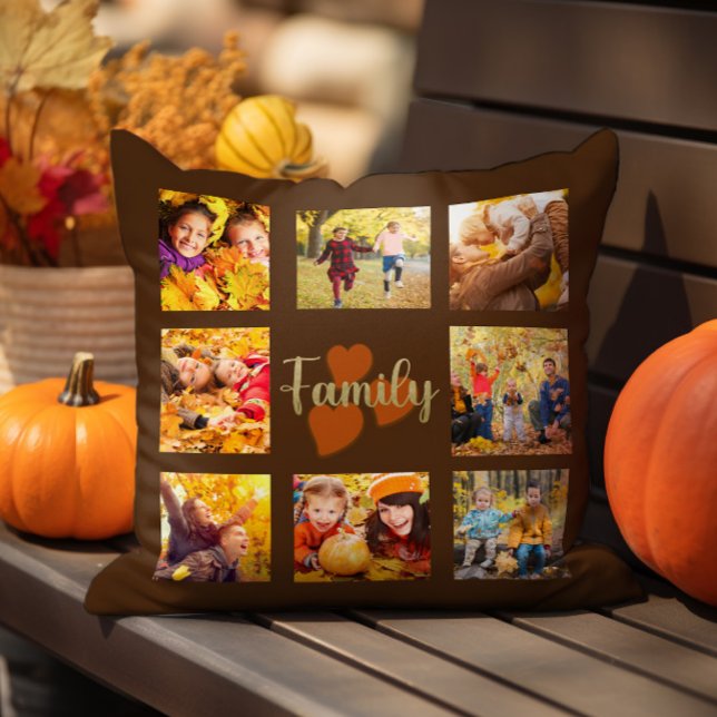 Coussin Famille 8 Photo Automne Brown Gold Hearts (8-photo "Family Hearts" warm autumn brown decorator pillow)