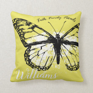 Coussin Famille de foi de papillon de monarque, jaune