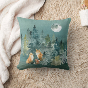 Coussin Famille de renards dans la forêt sous la pleine lu