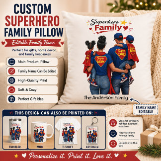 Coussin Famille de super-héros personnalisée avec nom de f