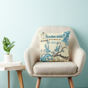 Coussin Famille d'oiseaux Aqua Rose Chaud Établie