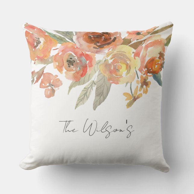 Coussin Famille florale à l'aquarelle NOM Jeunes mariés Ar (Recto)