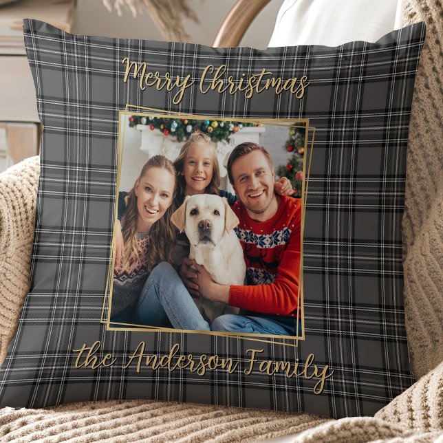 Coussin Famille Hiver Gris Or Plat Personnalisé Photo Mode (Créateur téléchargé)