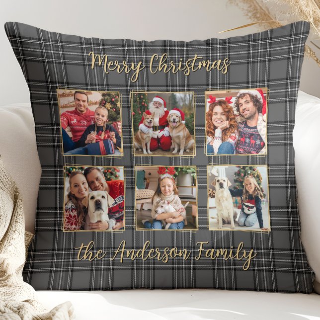 Coussin Famille Hiver Plaid Grey Or Photo Collage Personna (Créateur téléchargé)