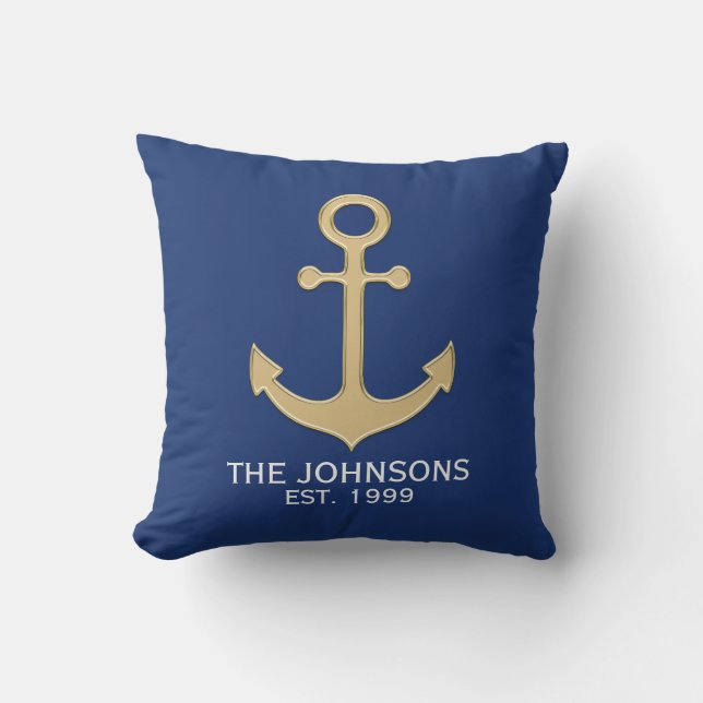 Coussin Famille nautique de blanc d'Ancre d'or de bleu (Recto)