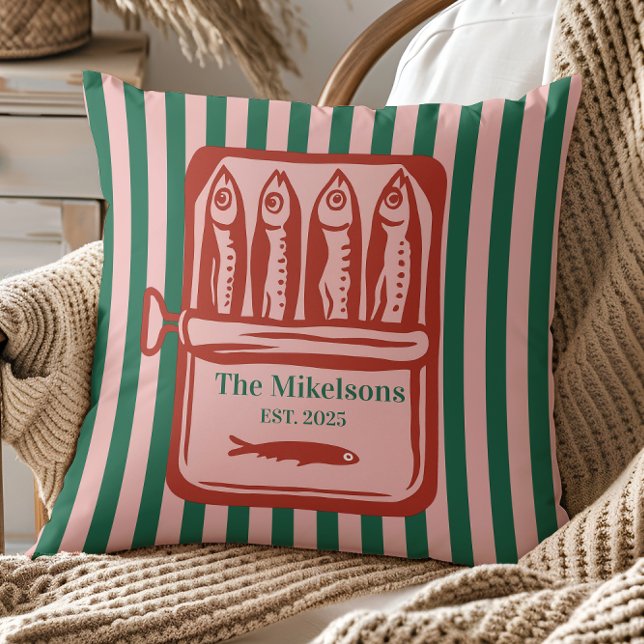 Coussin Famille personnalisée Rétro Sardine Tin Stripes (Créateur téléchargé)
