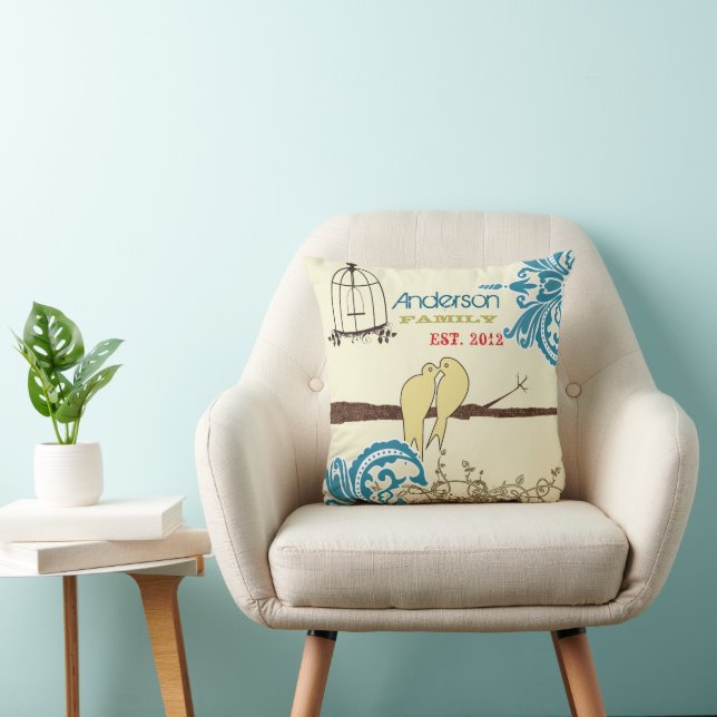Coussin Famille Teal Damask Oiseaux Amoureux Cage à Oiseau (Chaise)