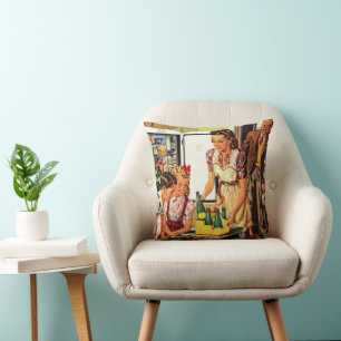 Coussin Famille Vintage, Maman avec Enfants, Snacks dans l