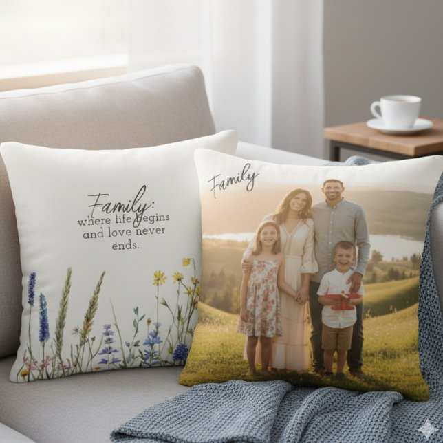 Coussin Family Photo & Quote Throw Pillow (Floral family photo and quote pillow)