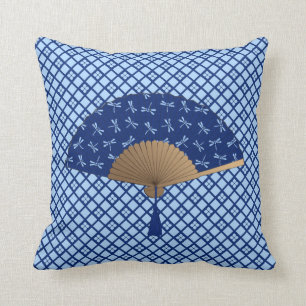 Coussin Fan japonaise, motif de libellule, bleu de cobalt