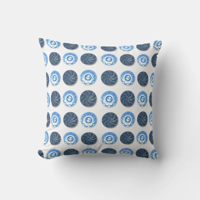 Coussin Fancy Blue Buttons Pattern on White Throw Pillow (Recto)
