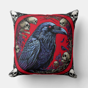 Coussin Fantaisie Sombre Corbeau & Crânes Décoratif