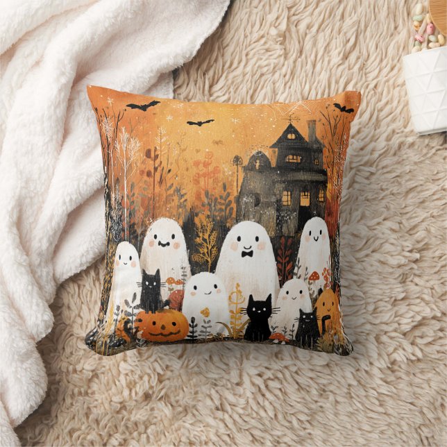 Coussin fantômes d'Halloween, chats noirs et chauves-souri (Couverture)