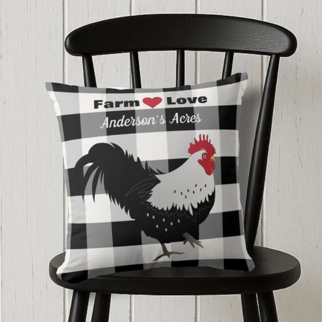 Coussin Farm Love Custom Rooster Black White Check (Créateur téléchargé)
