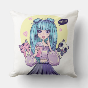 Coussin Fashionista : Fille aux Cheveux Bleus avec Panda e